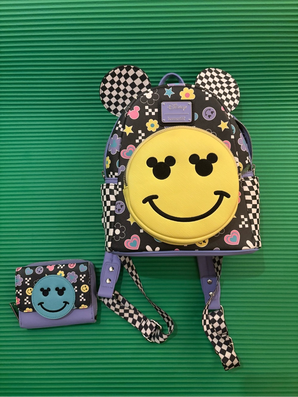 Disney Loungefly Mickey Y2K mini Backpack and matching wallet smiley bag 90’s